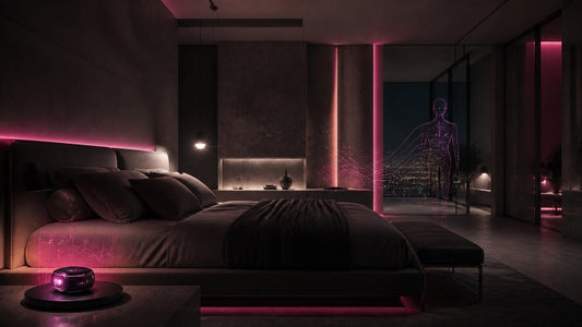 Luxury contemporary bedroom at night with wearable recovery data and subtle magenta accents
