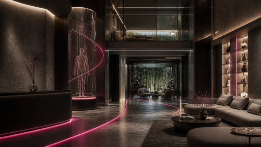 A visionary luxury hotel wellness interior with grey stone, glass, soft lighting and a magenta health-data signal